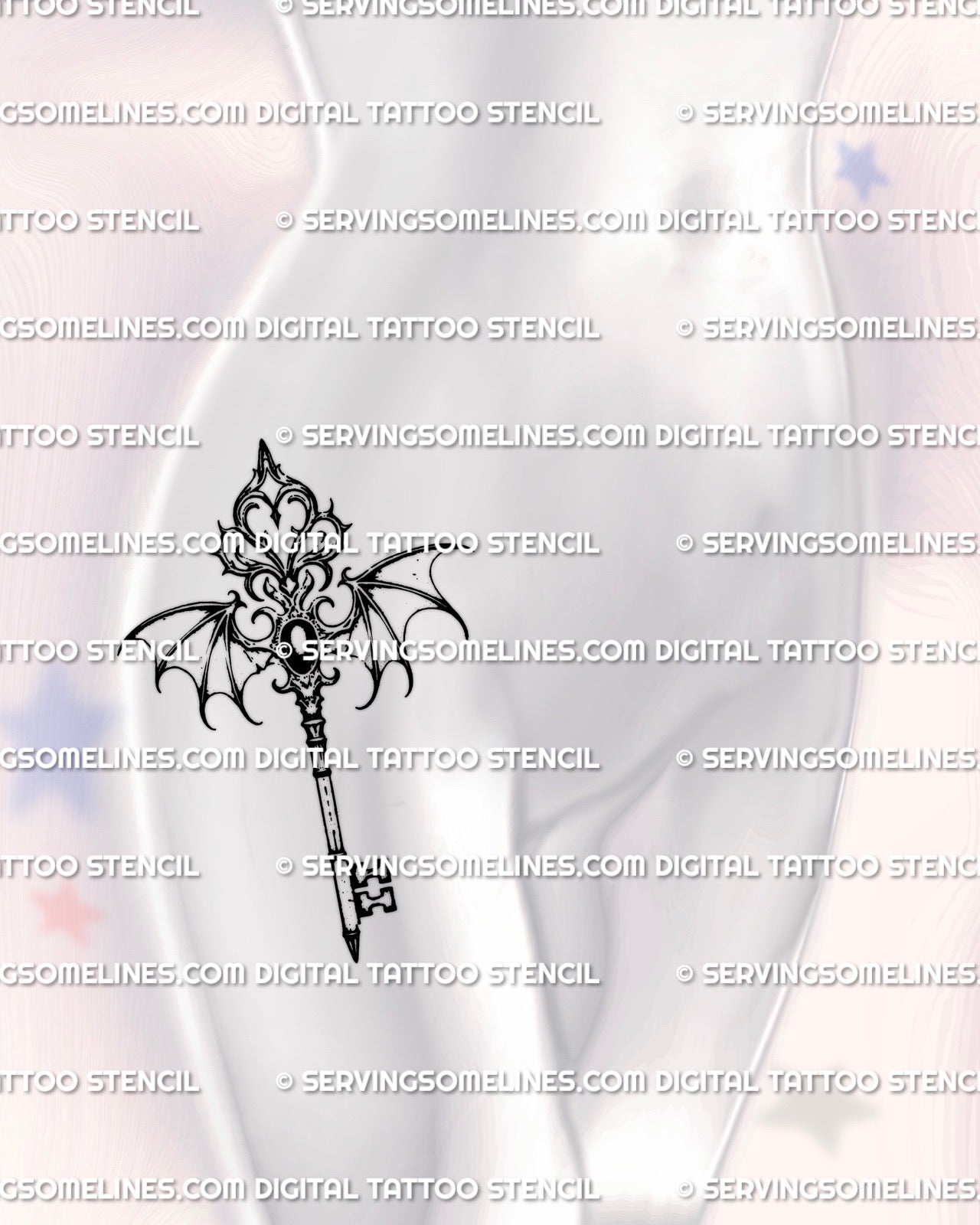 Feminine hip placement of a gothic heart-shaped key tattoo stencil, combining winged design and royal gothic ornamentation.