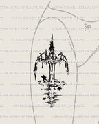 Soft flowing sword design placed on the feminine hip as a simple digital outline with gentle curves and light water movement