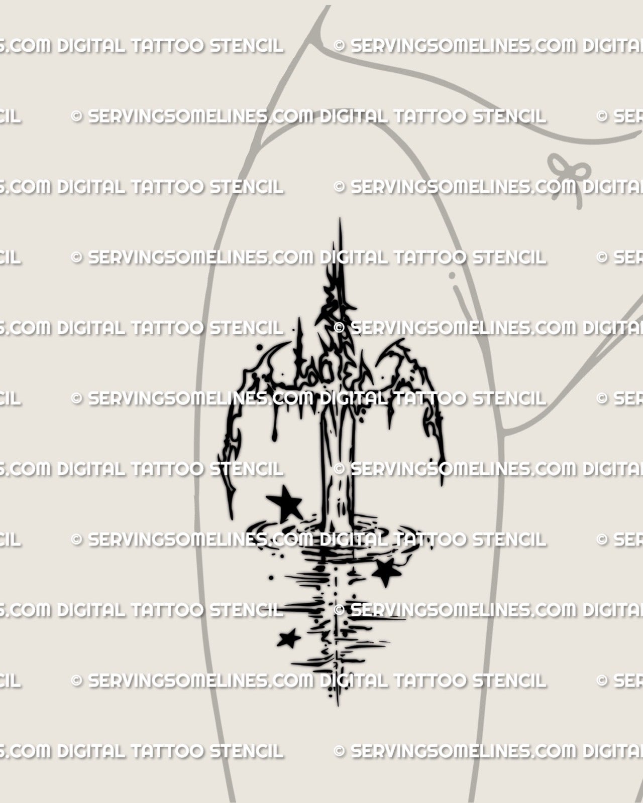 Soft flowing sword design placed on the feminine hip as a simple digital outline with gentle curves and light water movement