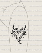 Feminine hip thorn heart tattoo outline in minimalist blackwork, curved gothic tribal lines forming a symbolic spiky heart design.