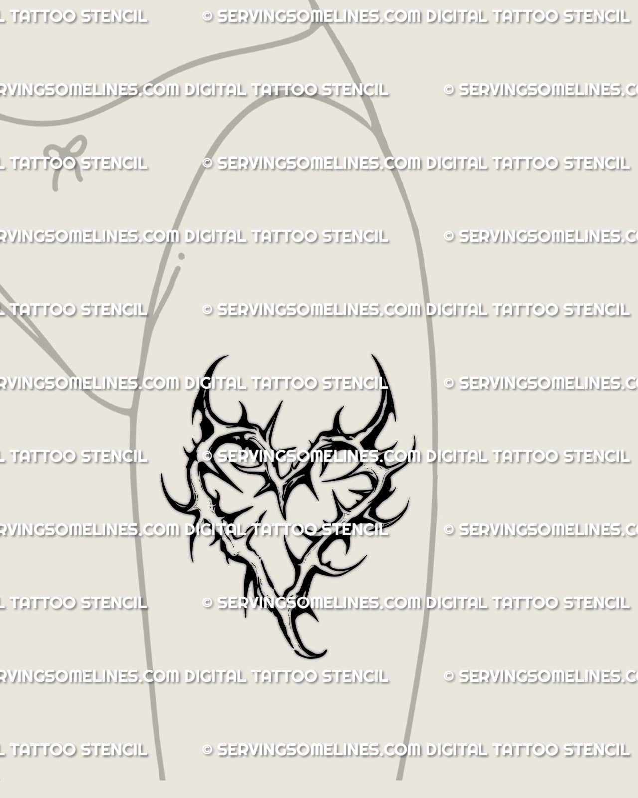 Feminine hip thorn heart tattoo outline in minimalist blackwork, curved gothic tribal lines forming a symbolic spiky heart design.