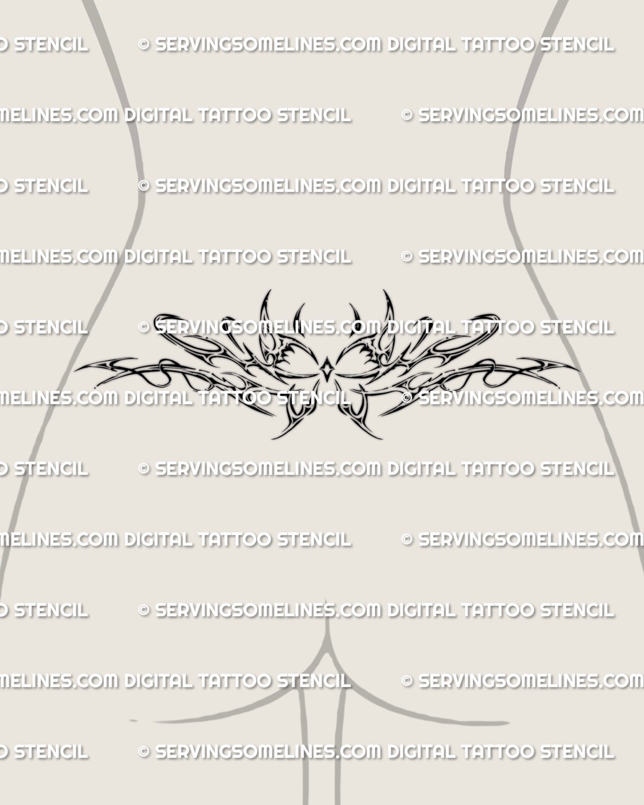 Feminine lower back tattoo featuring a butterfly shaped ornament with spiky tribal curves and a small gem, shaped to sit across the waist.