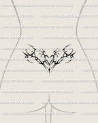 feminine neo tribal black heart womb tattoo stencil displayed on lower back with flowing shapes that follow the waist contour for a dark elegant vibe