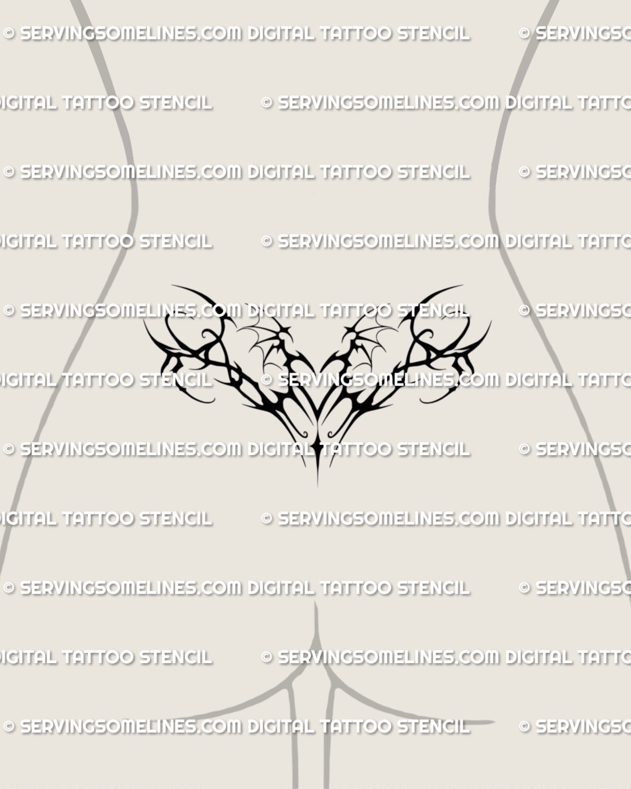 feminine neo tribal black heart womb tattoo stencil displayed on lower back with flowing shapes that follow the waist contour for a dark elegant vibe