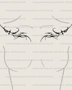 Digital tattoo stencil displayed on woman’s chest, twin neo tribal shapes forming two-piece symmetrical chest design in ornamental blackwork.