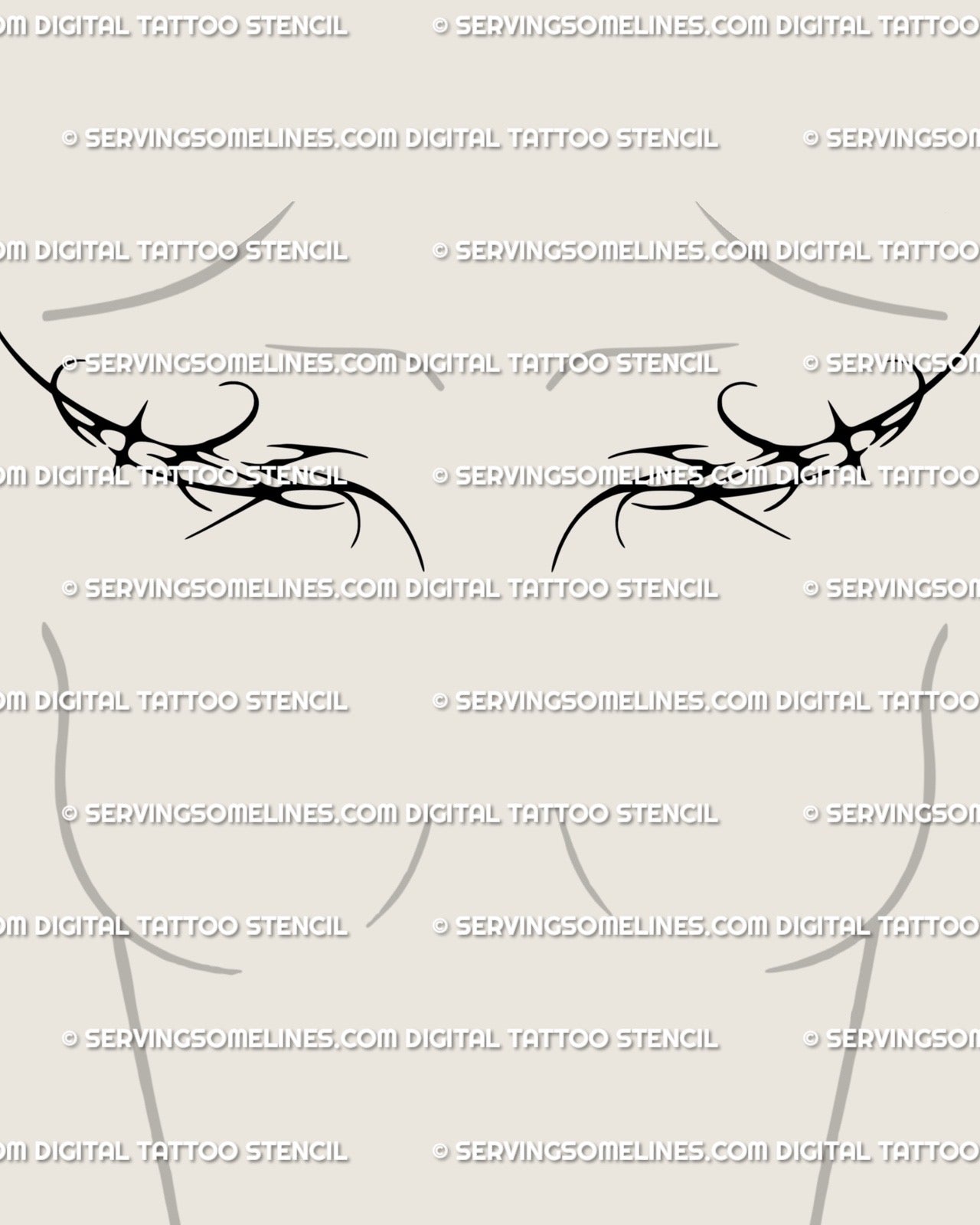 Digital tattoo stencil displayed on woman’s chest, twin neo tribal shapes forming two-piece symmetrical chest design in ornamental blackwork.