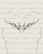 Feminine chest placement of minimalist heart tattoo stencil, delicate neotribal outline with cyber Y2K edge and soft balanced flow.