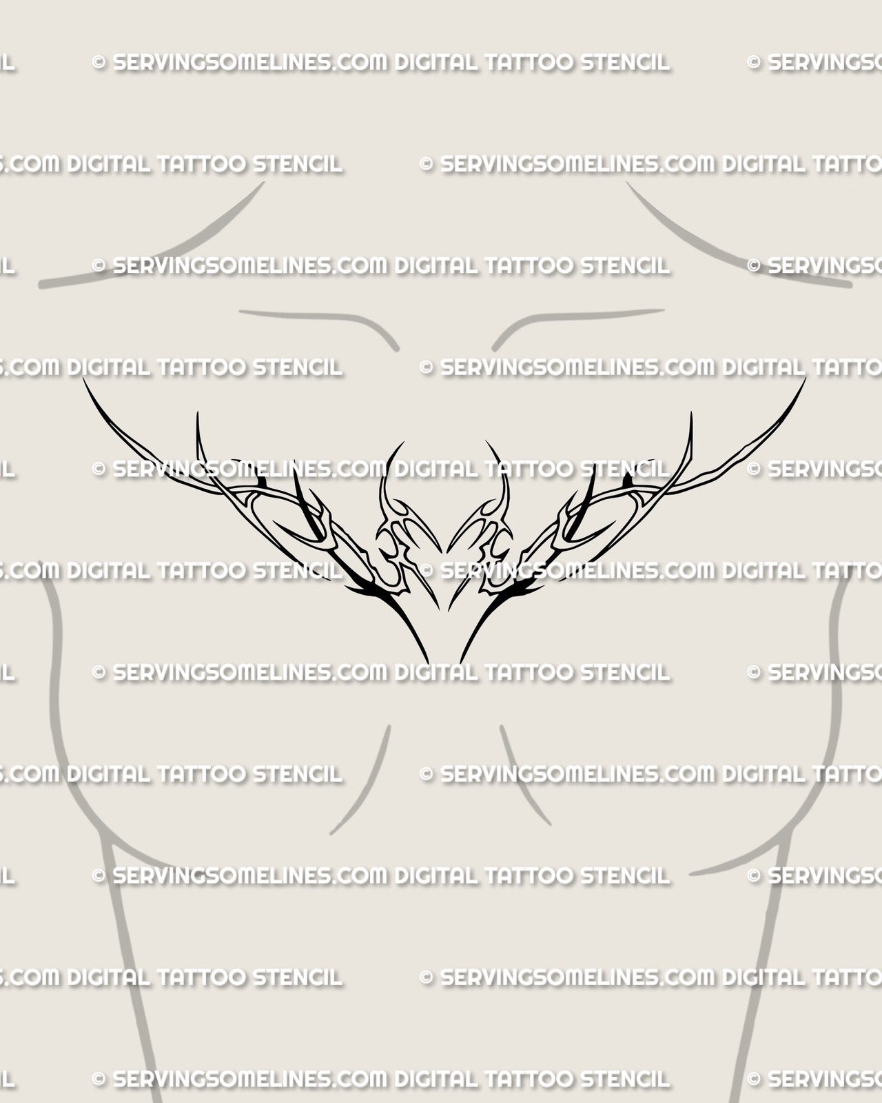 Feminine chest placement of minimalist heart tattoo stencil, delicate neotribal outline with cyber Y2K edge and soft balanced flow.