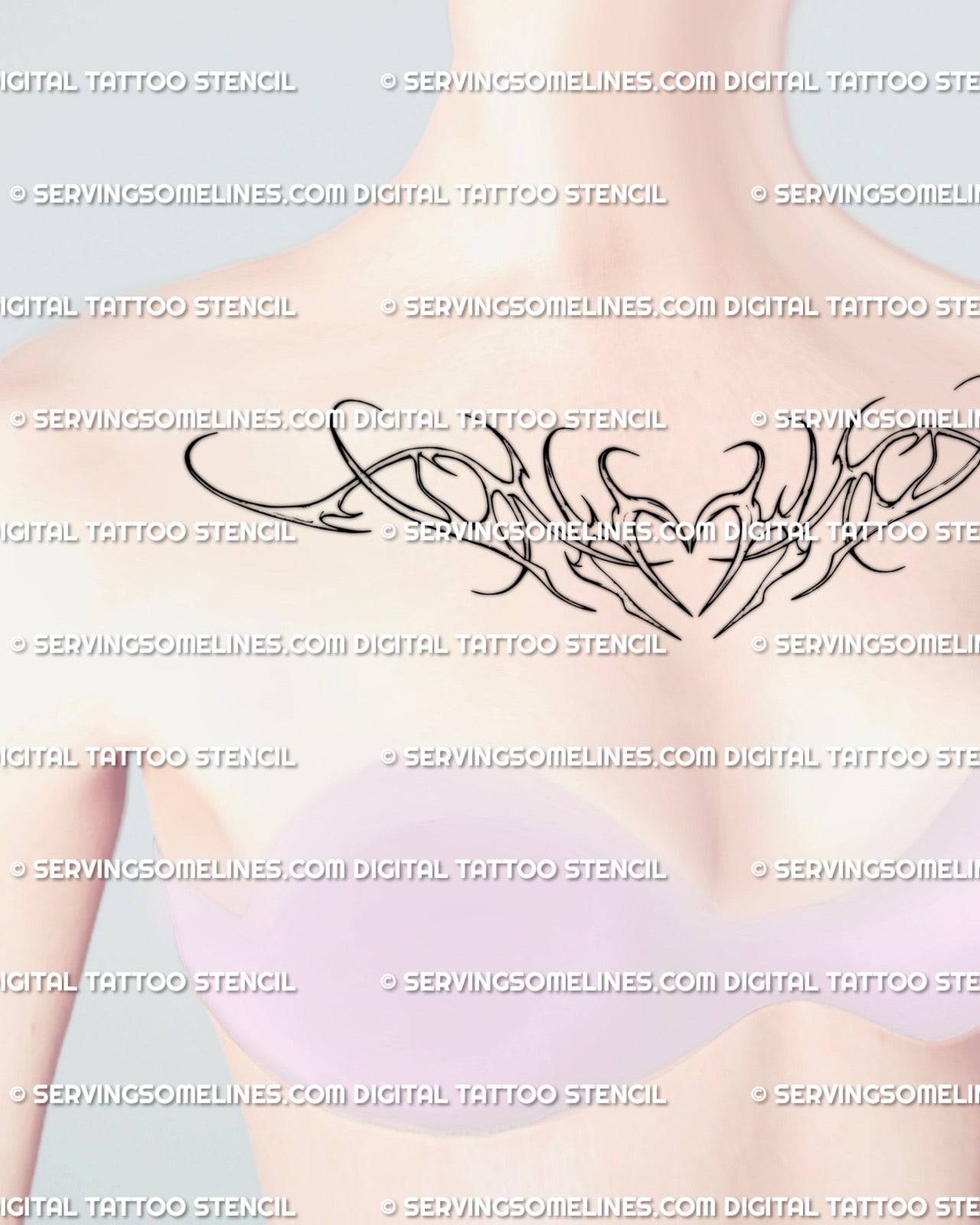 Minimal feminine cyber-tribal heart chest tattoo stencil, ornamental curved lineart design ideal for chest center or sternum area
