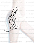 A feminine neotribal tattoo design placed on the side hip, featuring ornamental thorn vines and heart-shaped linework details.