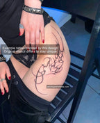 Feminine neotribal thorn-vine tattoo shown on side-thigh and hip placement, ornamental abstract floral linework with heart accent.