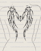 Feminine neotribal wings tattoo stencil on women’s back, spiky cyber outline with small star symbol centered above spine

