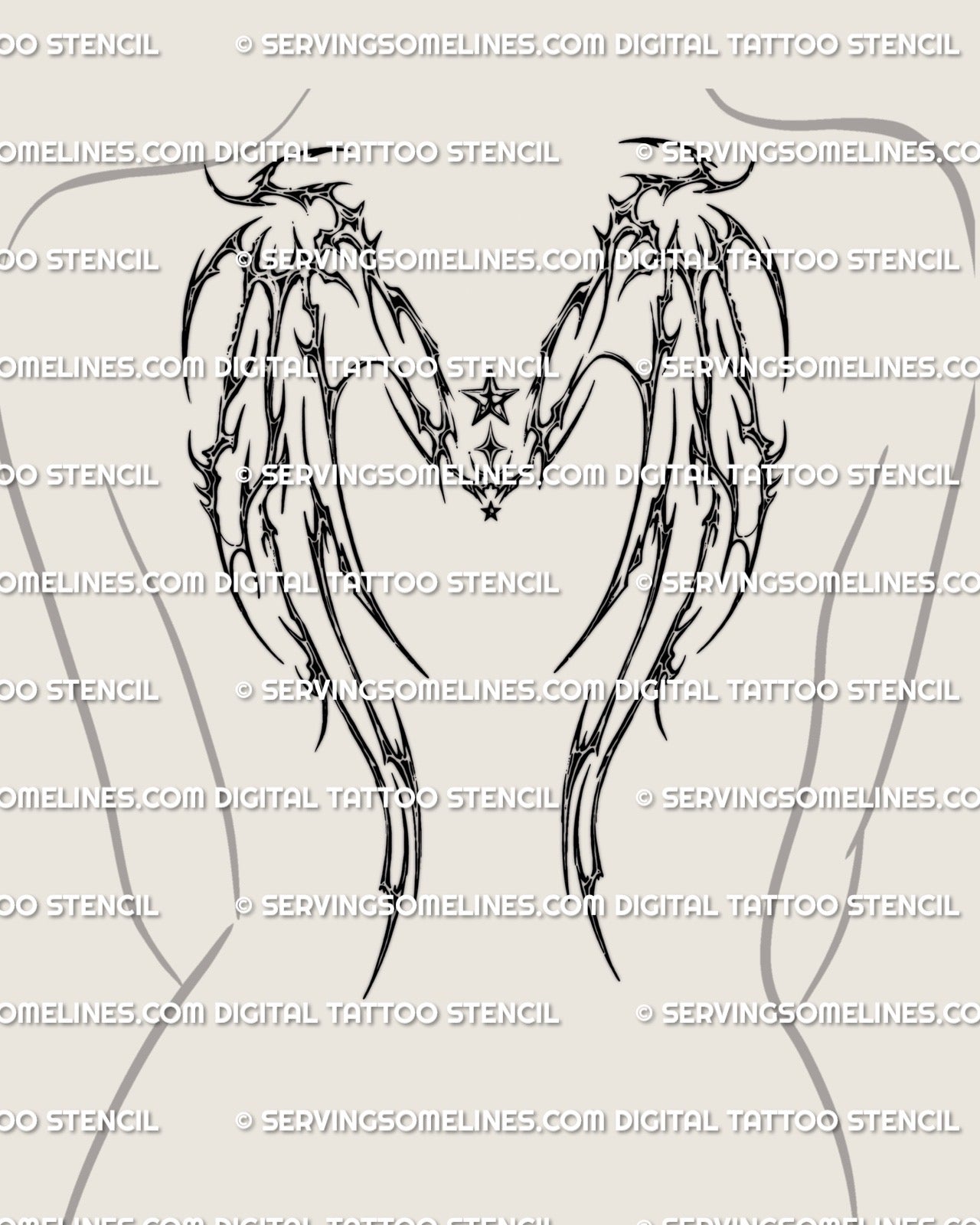 Feminine neotribal wings tattoo stencil on women’s back, spiky cyber outline with small star symbol centered above spine
