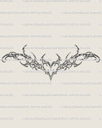 Feminine ornamental heart wings cybersigilism tattoo stencil, baroque tramp stamp digital flash for elegant lower back design.