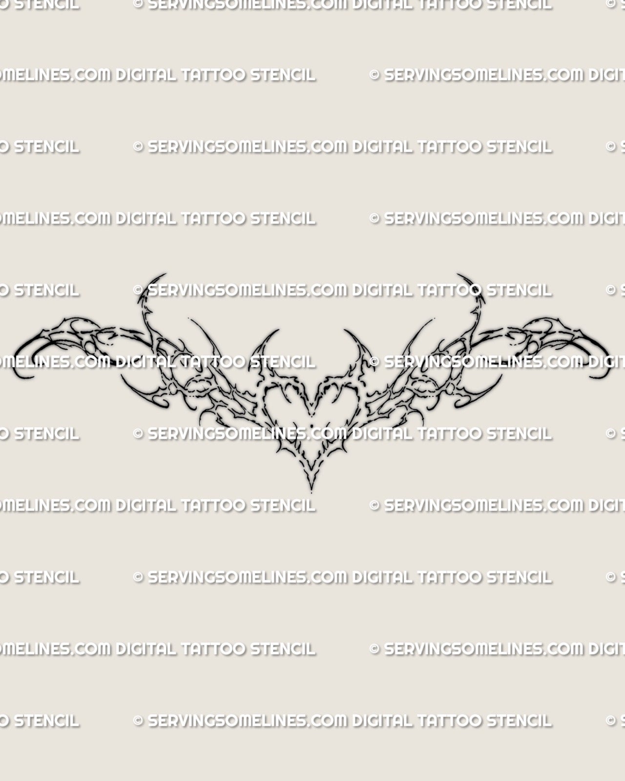 Feminine ornamental heart wings cybersigilism tattoo stencil, baroque tramp stamp digital flash for elegant lower back design.