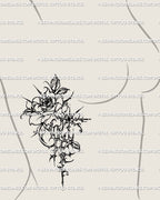 Feminine side breast rose tattoo idea with gothic cybersigilism floral details and fine thorned cybertribal linework.
