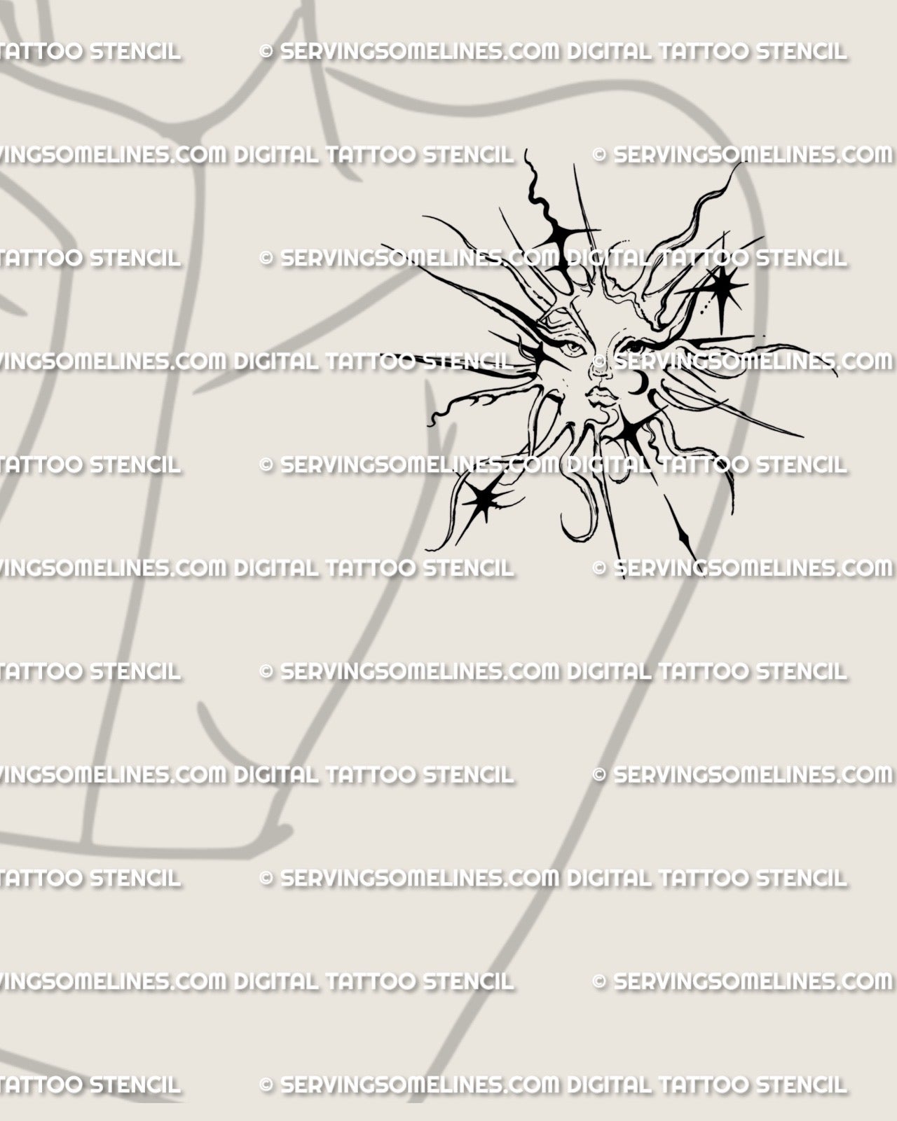 Feminine shoulder placement of spiky tribal sun tattoo, ornamental celestial linework with gothic sun face and delicate cybersigilism flow.