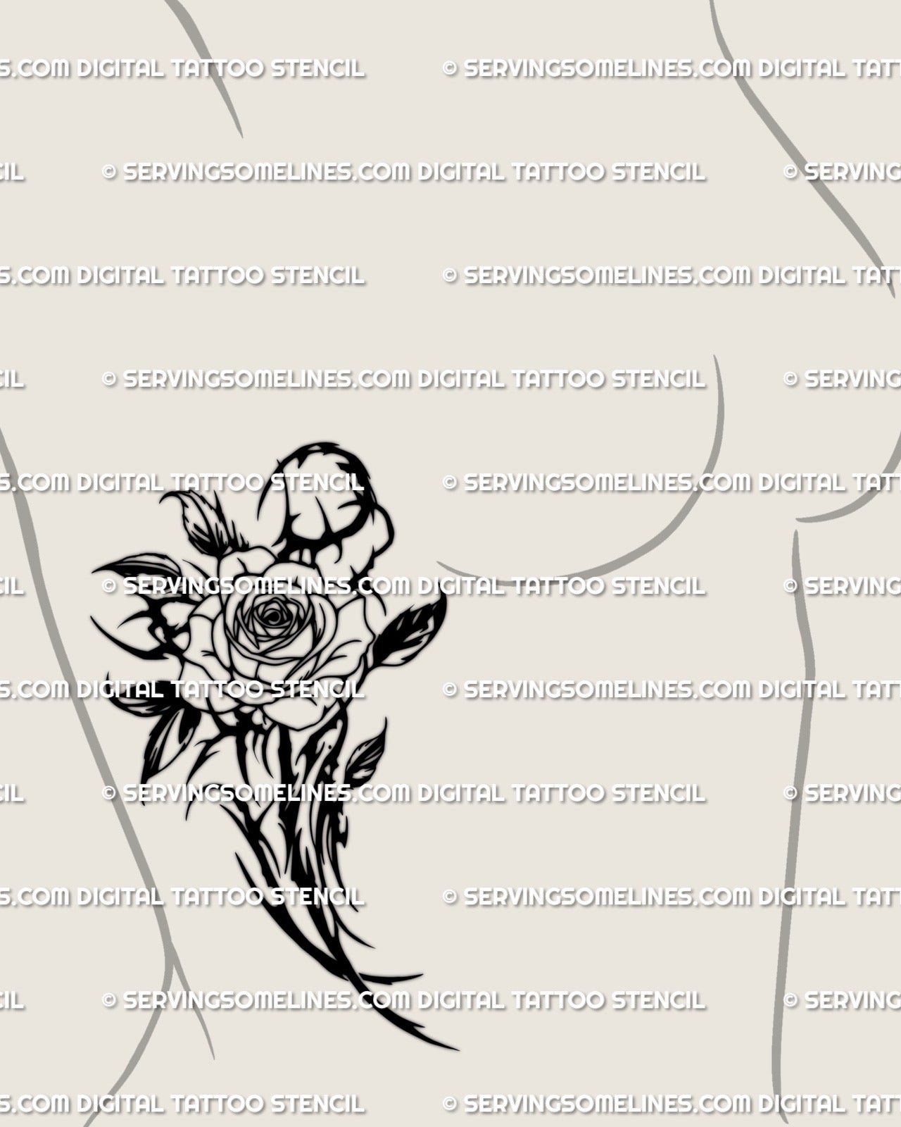 Dark gothic rose tattoo design for women’s side breast, neotribal blackwork flower with sharp thorns and elegant cyber-floral flow. 