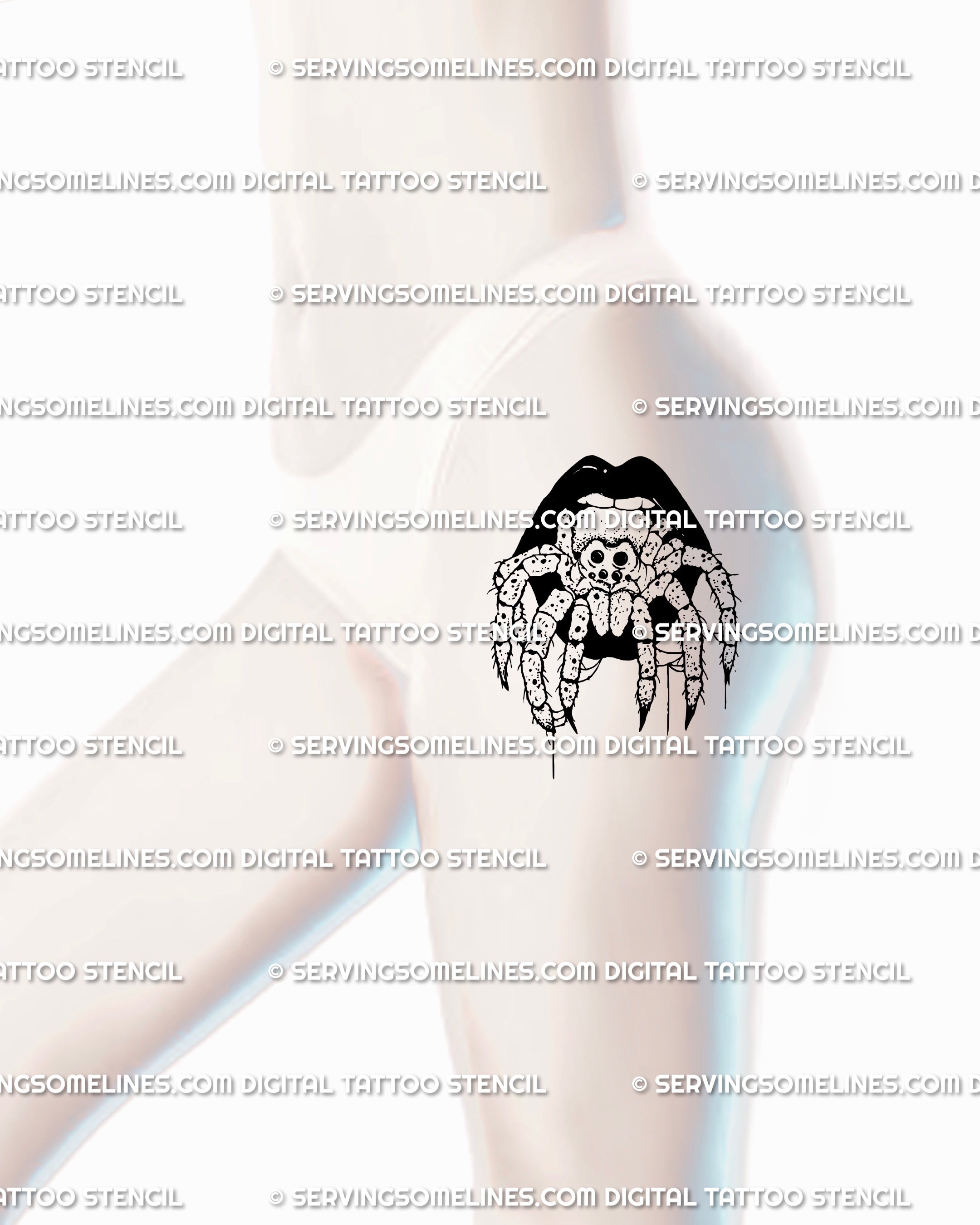 Side hip mock-up of a feminine tarantula spider in mouth tattoo stencil, gothic lips with spooky Halloween horror vibe. Witchy blackwork design digital stencil for bold body art.