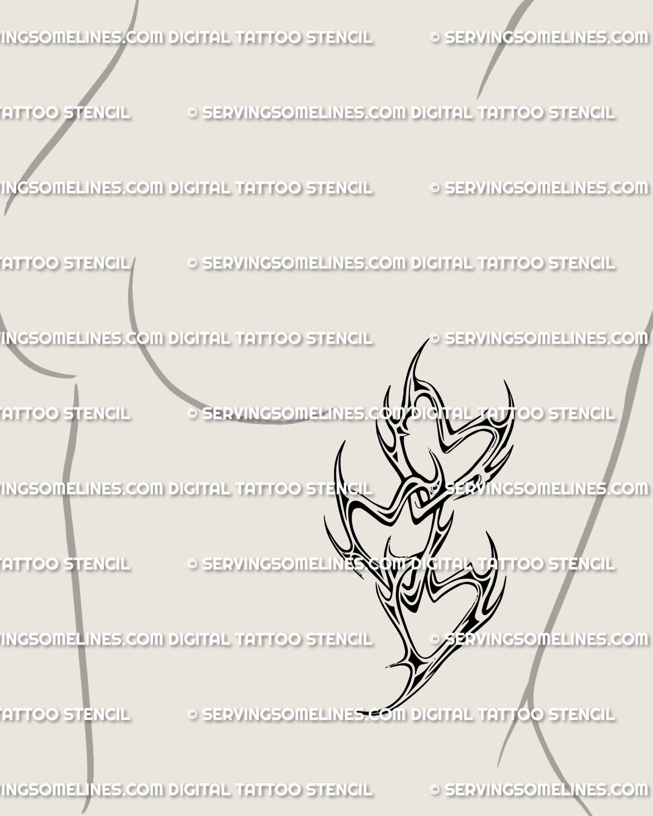 Abstract tribal heart stencil shown on feminine side ribs, sharp chain links and romantic gothic cyber flow in fine linework.