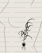 Feminine side-ribs spider tattoo displayed on rib placement, witchy black tribal web lines with elegant gothic balance.