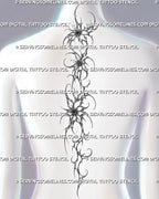 Feminine spine tattoo design displayed on women's back with flowing floral shapes, spiky petals, and centered vertical layout.