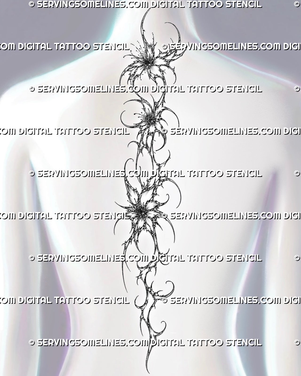 Feminine spine tattoo design displayed on women's back with flowing floral shapes, spiky petals, and centered vertical layout.