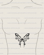 Girly cybersigilism bow tattoo shown on feminine sternum placement, delicate ribbon line art with gothic heart and horn details. 