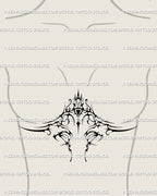 Feminine sternum tattoo stencil with heart and baroque tribal pattern, shown as digital design for under-bust placement preview.
