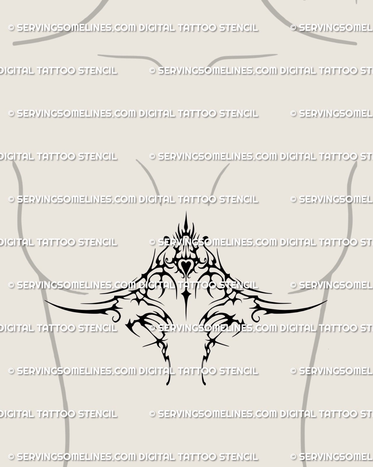 Feminine sternum tattoo stencil with heart and baroque tribal pattern, shown as digital design for under-bust placement preview.