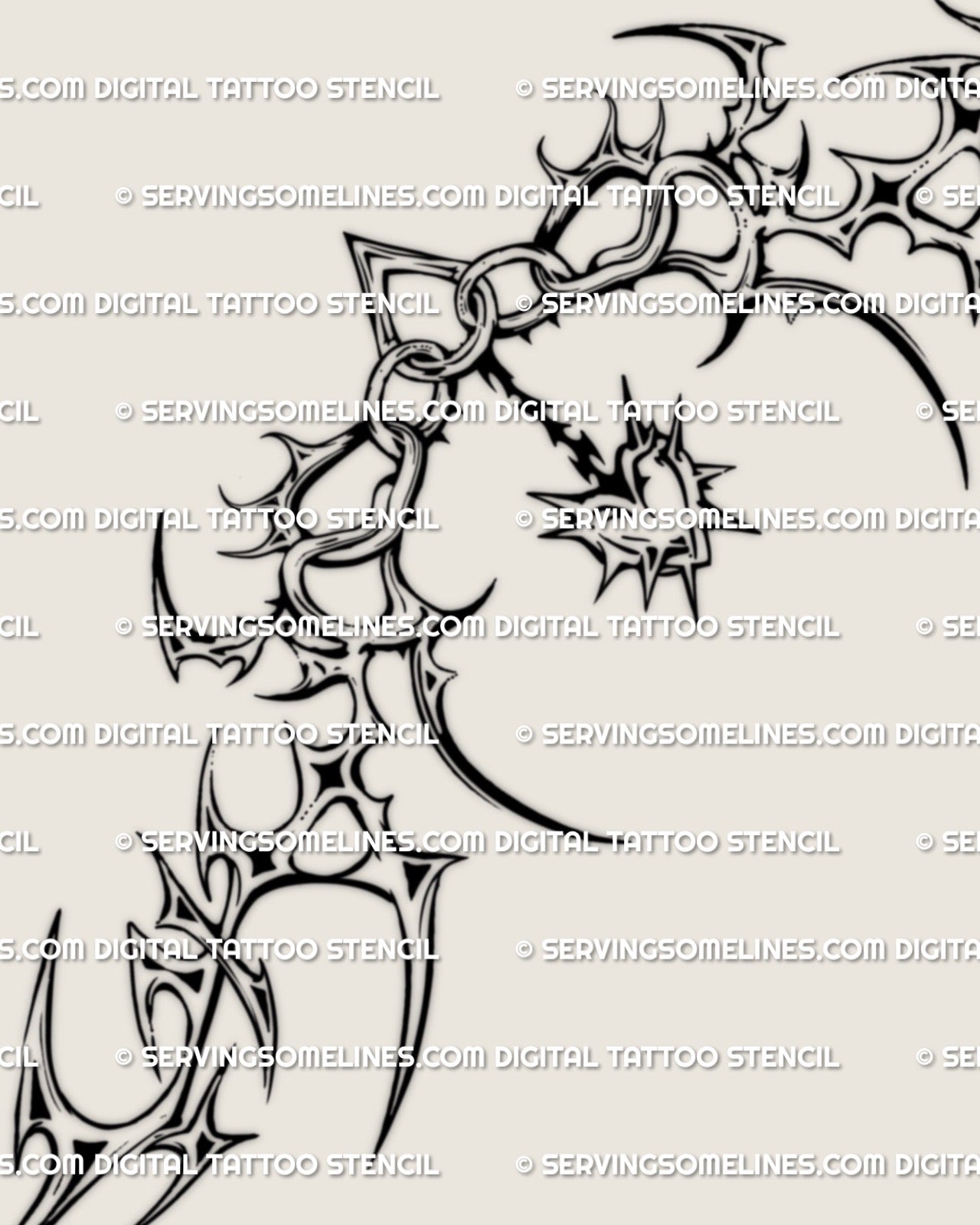 cyber ornamental underbust tattoo stencil with heart charm center and neotribal spikes, clean design on white background