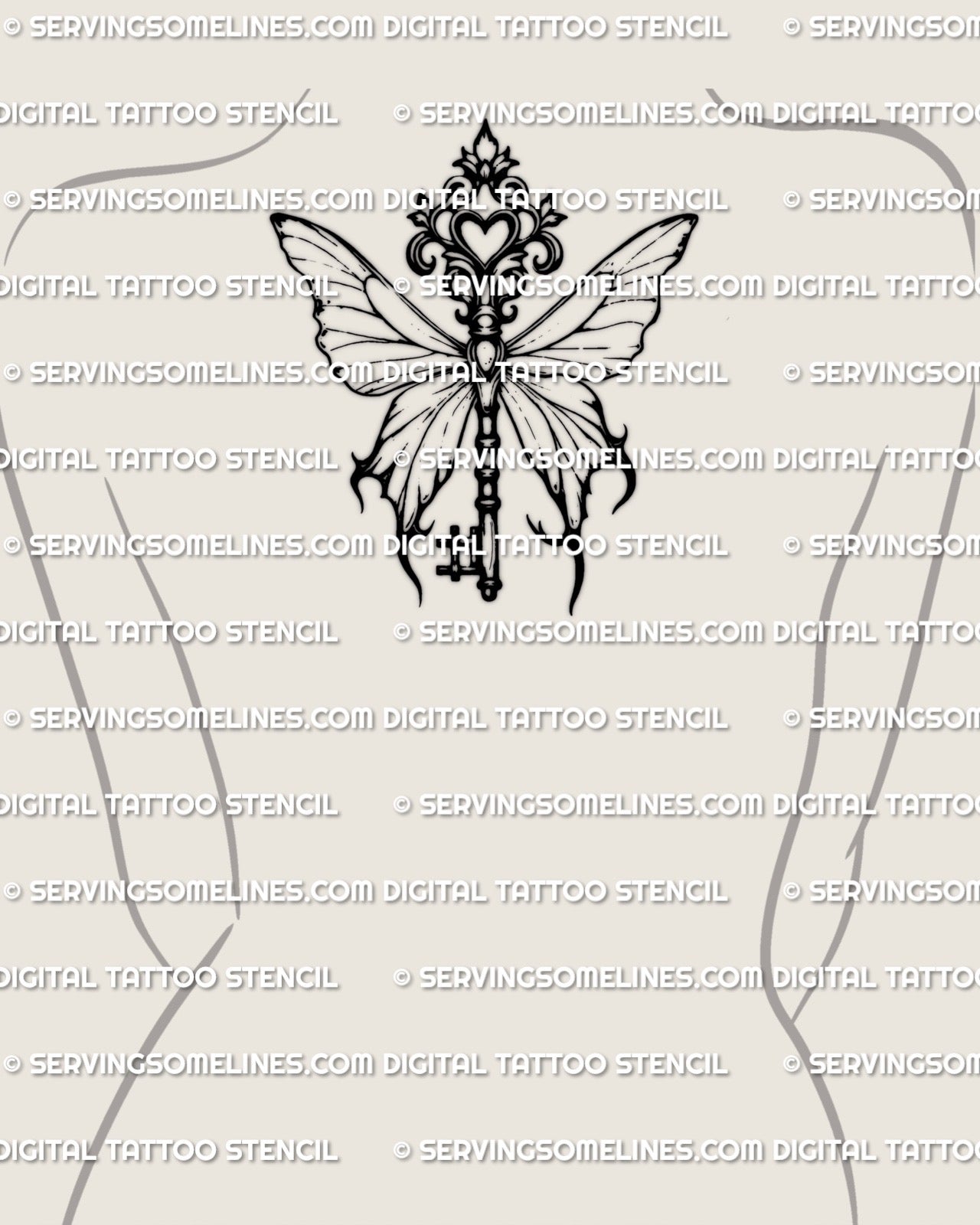 Butterfly key tattoo stencil displayed on feminine upper back placement, gothic butterfly wings key with antique crest detail.