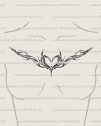 Feminine winged heart sternum tattoo shown on women's chest placement with a delicate heart center and open chest-fit silhouette.