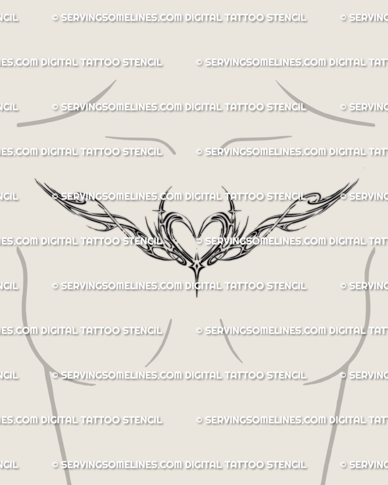 Feminine winged heart sternum tattoo shown on women's chest placement with a delicate heart center and open chest-fit silhouette.