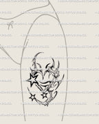 Feminine Y2K chrome heart and stars tattoo on front thigh, cybertribal neotribal stencil with metallic heart and gothic flow. 