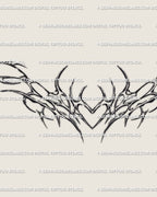 Close-up of feminine sigil tattoo design showing gothic heart with horns and ornamental detail, precise cybersigil linework art.