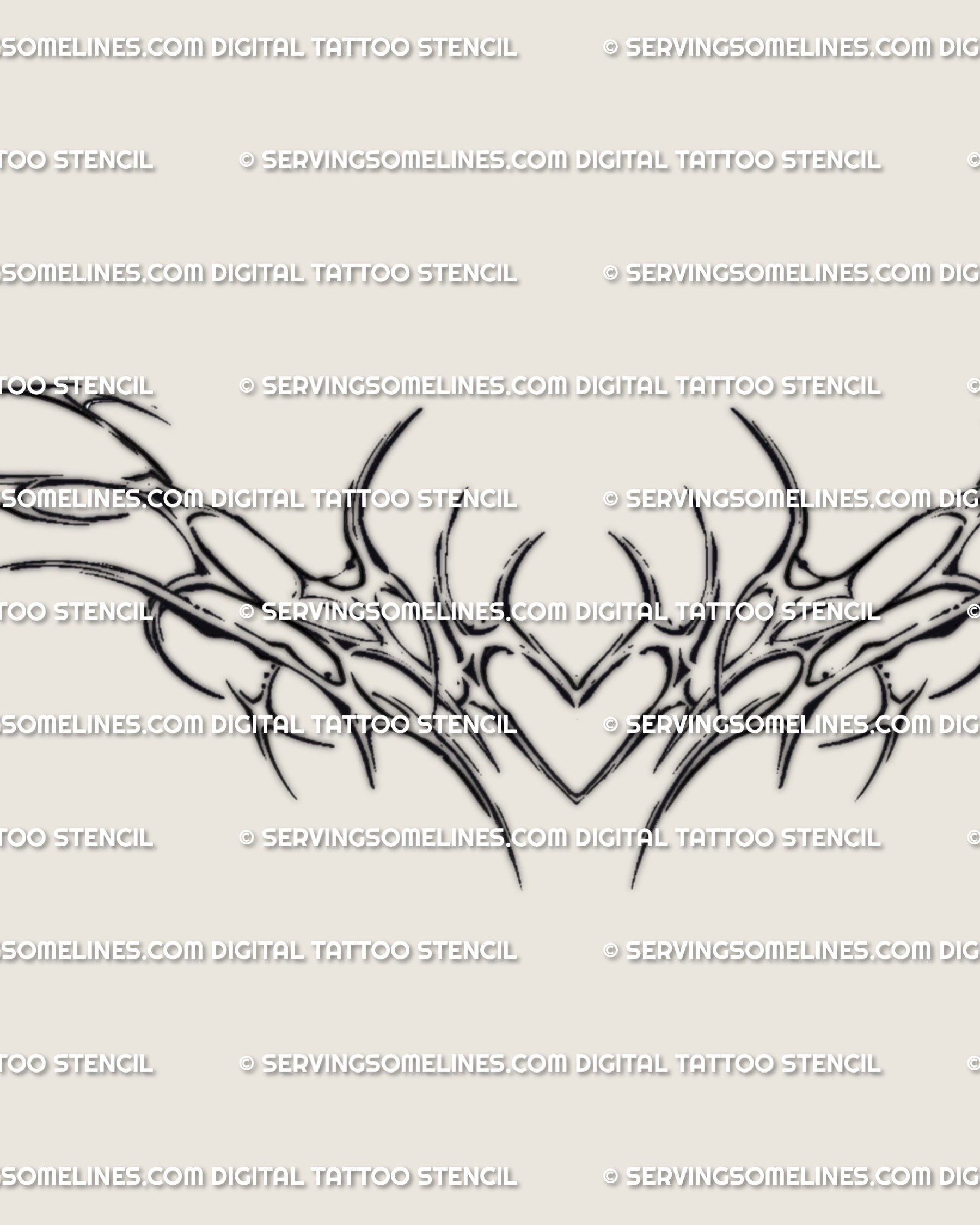 Close-up of feminine sigil tattoo design showing gothic heart with horns and ornamental detail, precise cybersigil linework art.