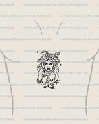 Divine feminine Medusa tattoo art in sternum placement, delicate linework of snake hair girl with stone texture, symbolic gothic mythology design.