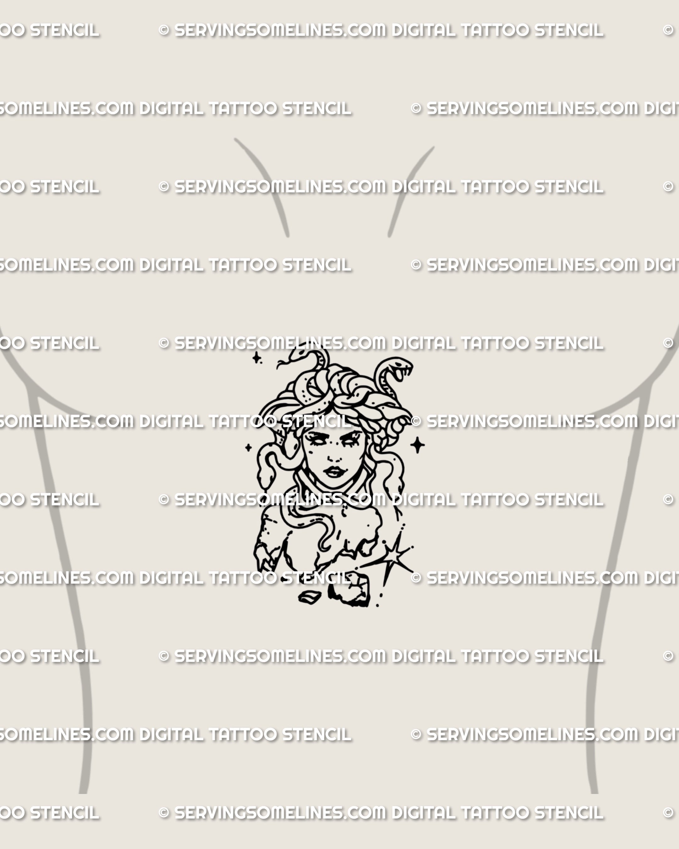 Divine feminine Medusa tattoo art in sternum placement, delicate linework of snake hair girl with stone texture, symbolic gothic mythology design.