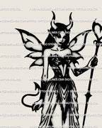 Detailed view of femme fatale fairy tattoo stencil, horned succubus with heart staff and flowing gown, gothic occult feminine art