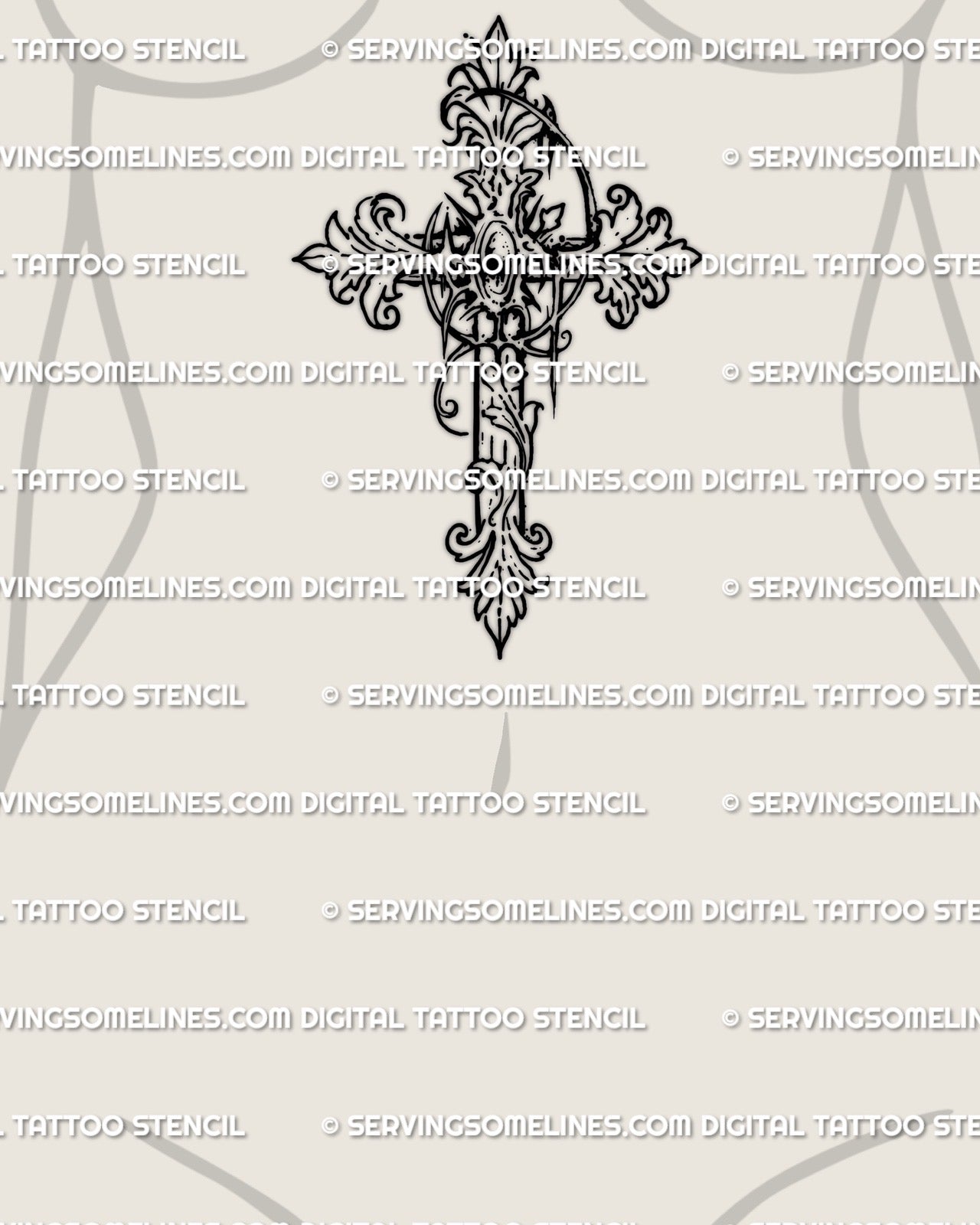 Filigree cross tattoo design shown on womens sternum and stomach area, baroque ornament curves and clean stencil lines