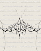 filigree cross underboob tattoo stencil displayed on a woman with curved baroque lines shaped for feminine lower chest placement