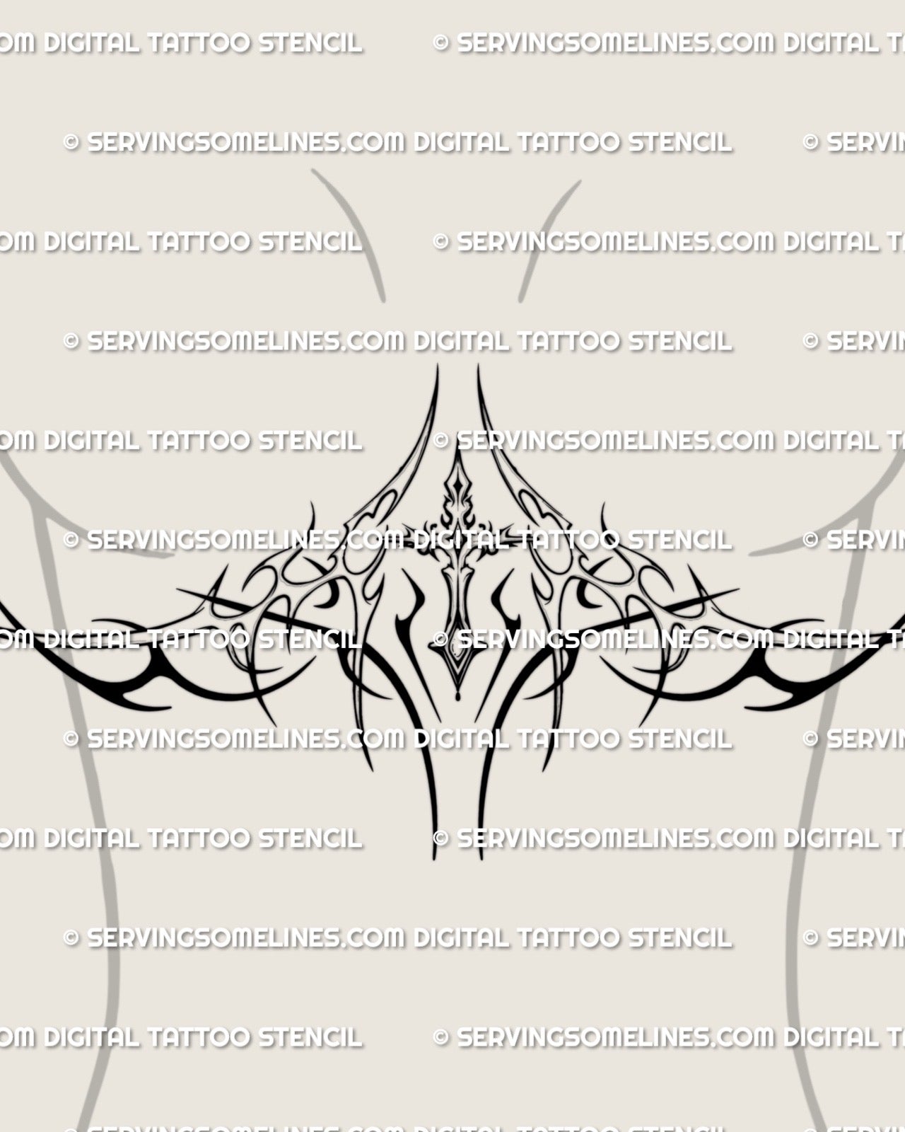 filigree cross underboob tattoo stencil displayed on a woman with curved baroque lines shaped for feminine lower chest placement