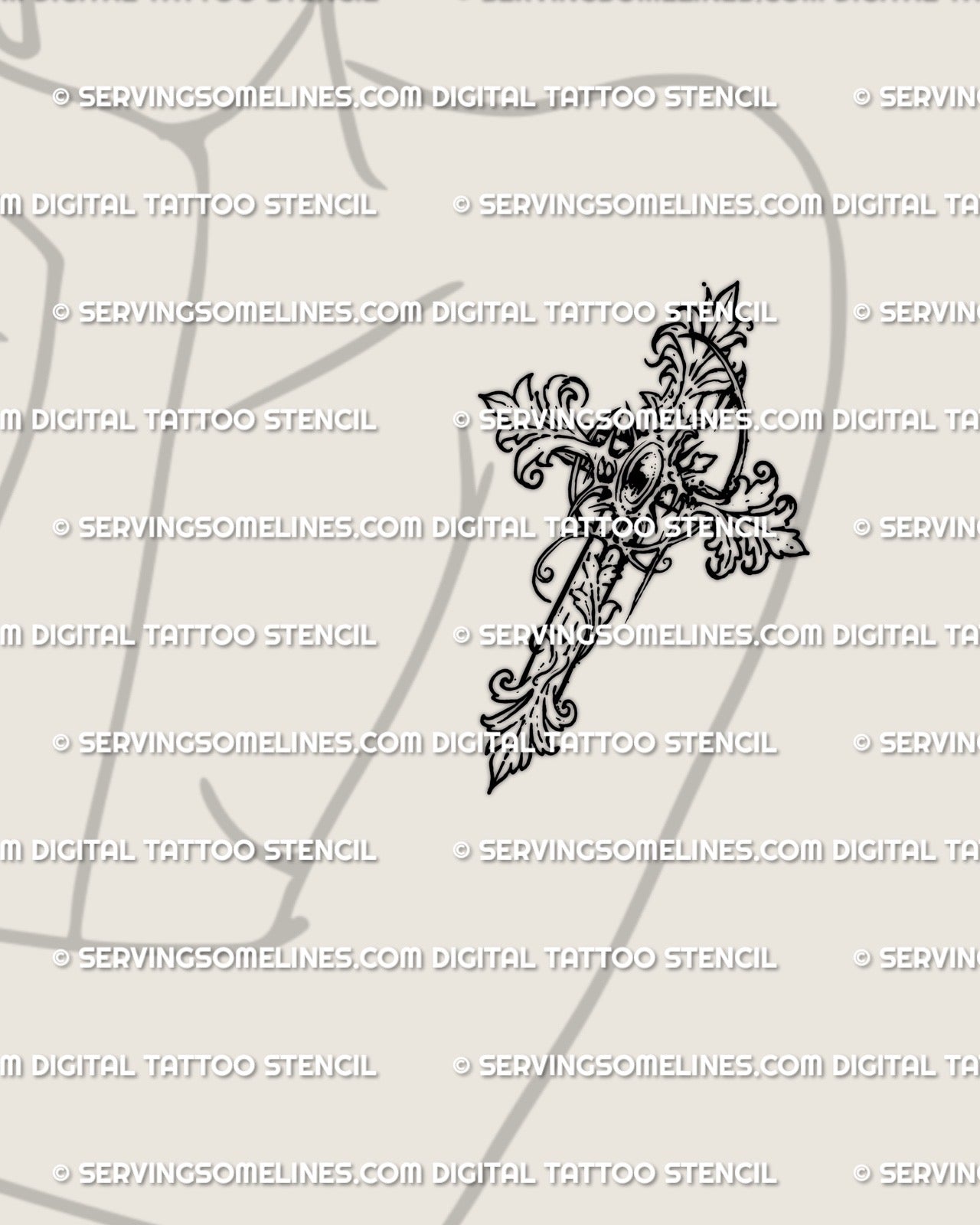 Filigree cross tattoo stencil displayed on womens arm, elegant ornamental linework with gothic baroque detailing