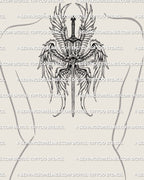 Fine line angel tattoo displayed on feminine upper back placement, seraphim angel sword design with soft shading and elegant wing structure