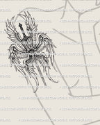 Fine line angel tattoo shown on women’s arm placement, gothic seraphim angel sword design with soft shading and elongated wing structure