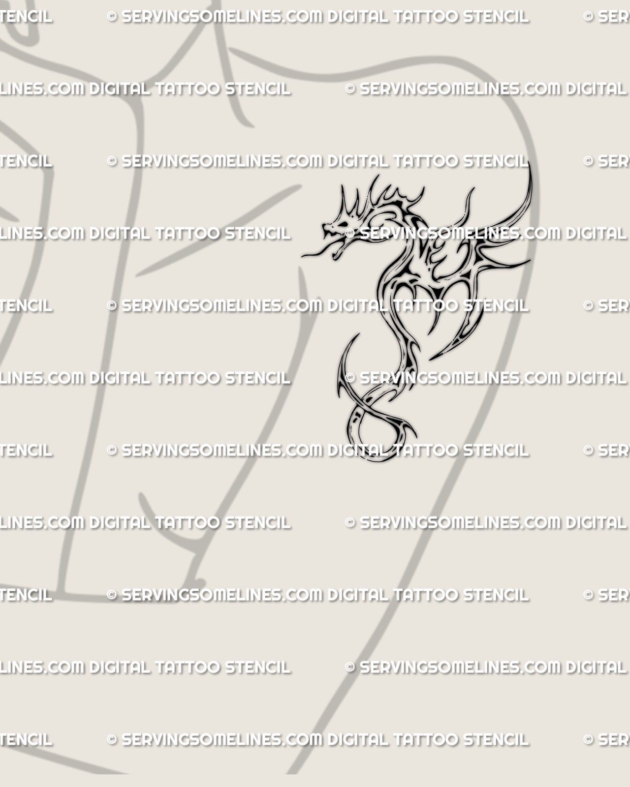 Fine line dragon tattoo design shown on womens arm placement as a minimal digital tattoo stencil with a light modern shape