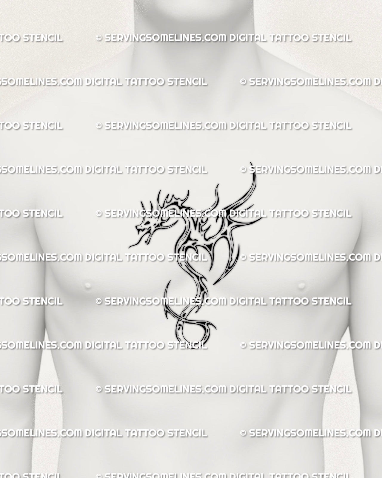 Fine line dragon tattoo stencil shown on mens chest placement with a modern balanced shape for digital tattoo download