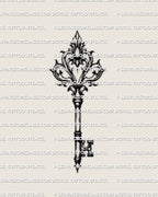Fine line key tattoo stencil featuring a fleur de lis crown, decorative antique key body, and soft gothic ornament lines, isolated.