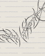 Close-up of fine line geometric chest tattoo, abstract cyber tribal linework showing flame-like ornamental symmetry and outline detail.